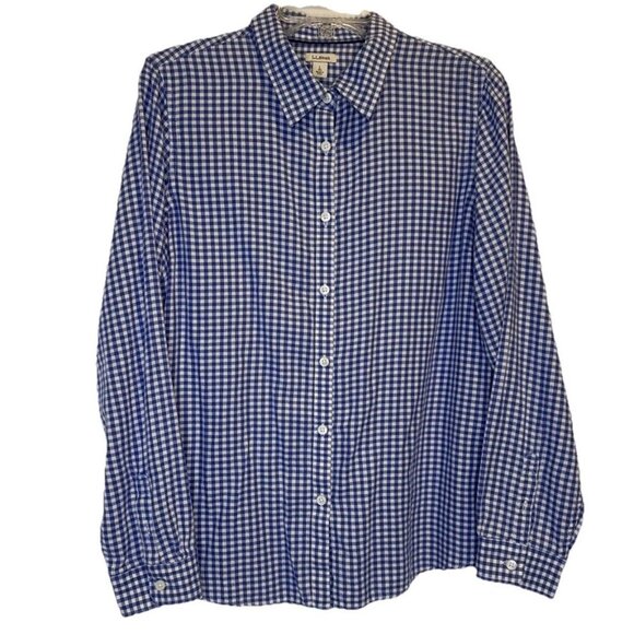 L.L. Bean Womens Blue White Check Long Sleeve Cotton Button Up Blouse Top Sz L - Picture 1 of 9